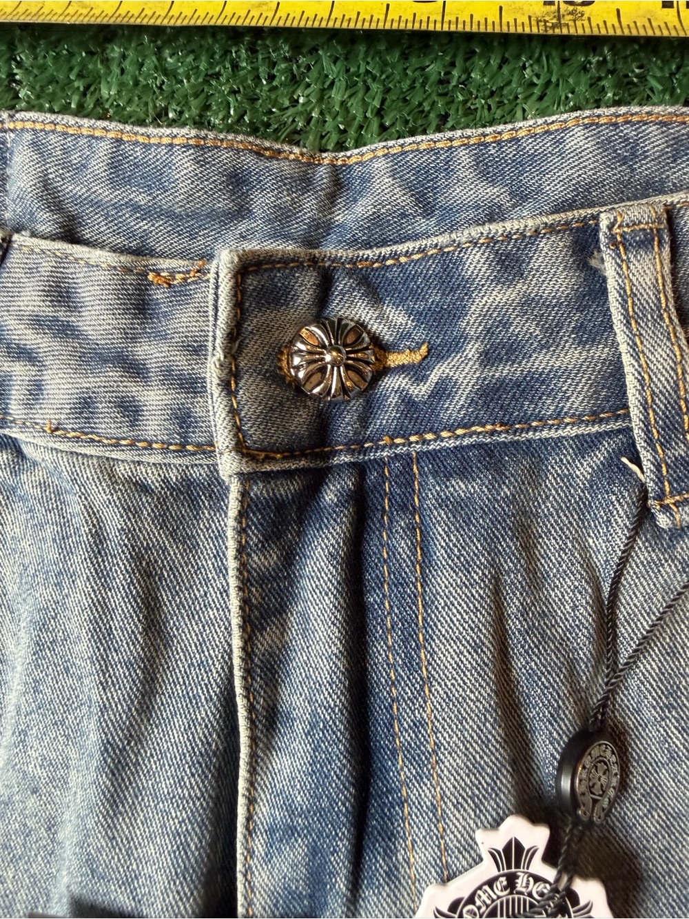 Light Blue Men’s Straight Denim Jeans with Black & White Cross Patches - Picture 3 of 11